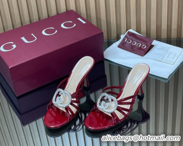 Best Price Gucci Patent Leather Heel Slides Sandal 8.5cm with Strass Interlocking G 852663 Red 2026