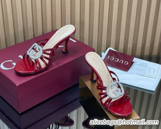 Best Price Gucci Patent Leather Heel Slides Sandal 8.5cm with Strass Interlocking G 852663 Red 2026