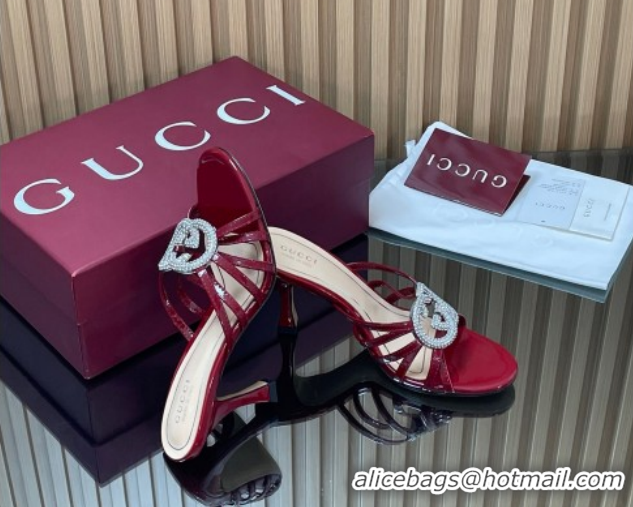 Best Price Gucci Patent Leather Heel Slides Sandal 8.5cm with Strass Interlocking G 852663 Red 2026