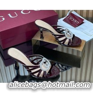 Good Quality Gucci Patent Leather Heel Slides Sandal 8.5cm with Strass Interlocking G 852663 Dark Burgundy 2026