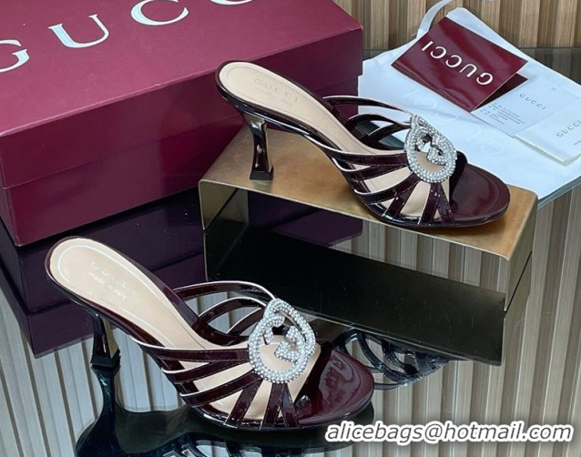 Good Quality Gucci Patent Leather Heel Slides Sandal 8.5cm with Strass Interlocking G 852663 Dark Burgundy 2026