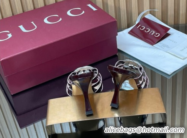 Good Quality Gucci Patent Leather Heel Slides Sandal 8.5cm with Strass Interlocking G 852663 Dark Burgundy 2026