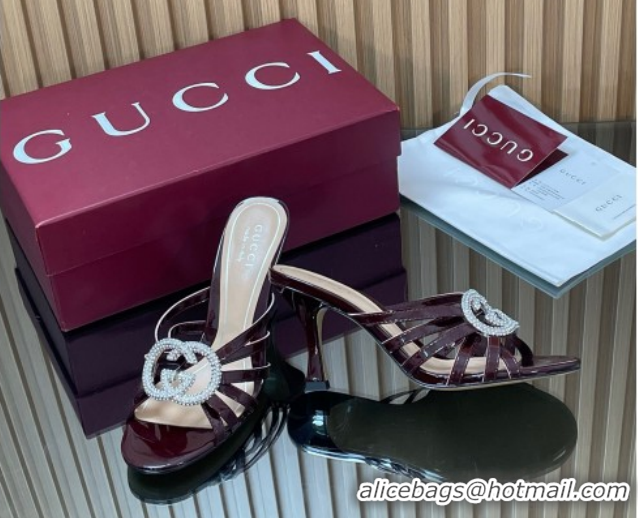 Good Quality Gucci Patent Leather Heel Slides Sandal 8.5cm with Strass Interlocking G 852663 Dark Burgundy 2026