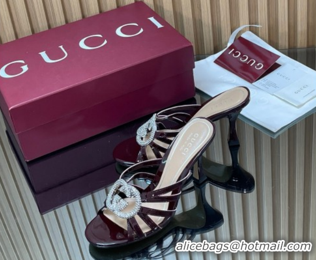 Good Quality Gucci Patent Leather Heel Slides Sandal 8.5cm with Strass Interlocking G 852663 Dark Burgundy 2026