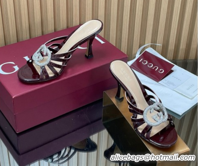 Good Quality Gucci Patent Leather Heel Slides Sandal 8.5cm with Strass Interlocking G 852663 Dark Burgundy 2026