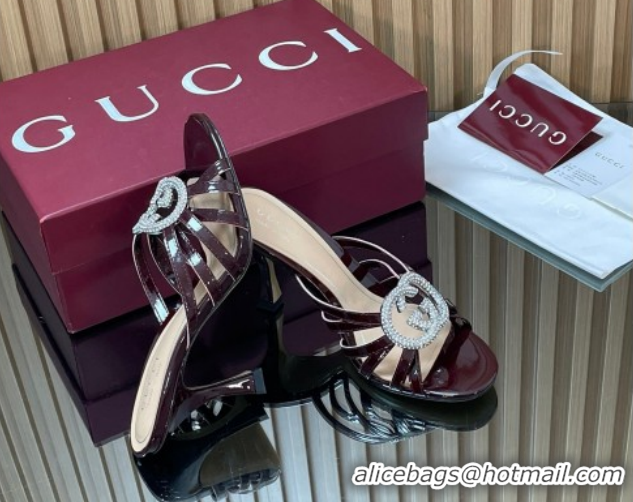 Good Quality Gucci Patent Leather Heel Slides Sandal 8.5cm with Strass Interlocking G 852663 Dark Burgundy 2026