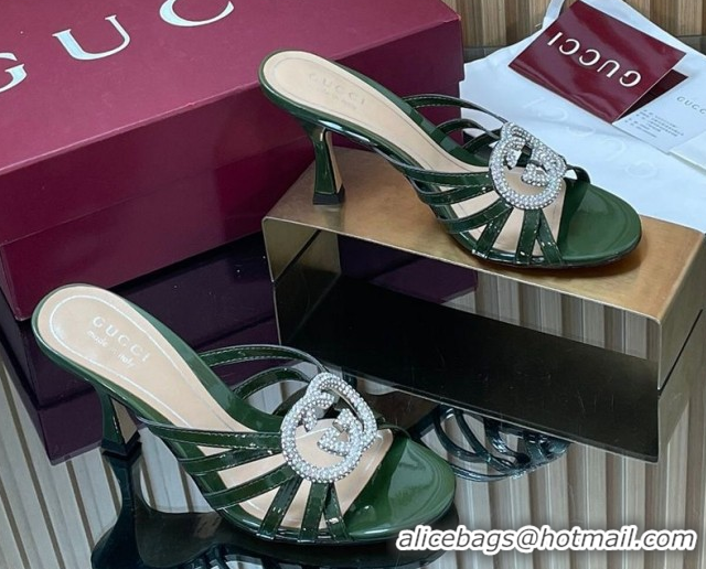 Top Grade Gucci Patent Leather Heel Slides Sandal 8.5cm with Strass Interlocking G 852663 Green 2026