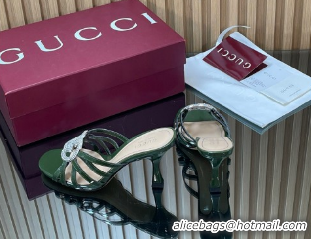 Top Grade Gucci Patent Leather Heel Slides Sandal 8.5cm with Strass Interlocking G 852663 Green 2026