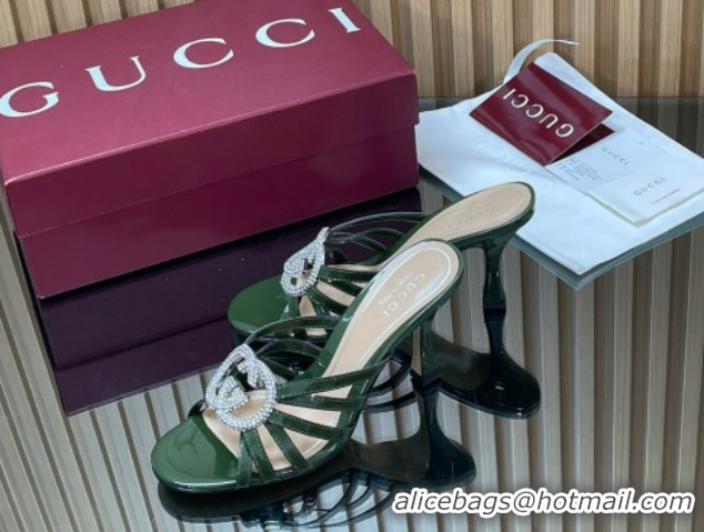 Top Grade Gucci Patent Leather Heel Slides Sandal 8.5cm with Strass Interlocking G 852663 Green 2026