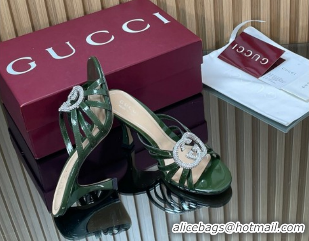 Top Grade Gucci Patent Leather Heel Slides Sandal 8.5cm with Strass Interlocking G 852663 Green 2026