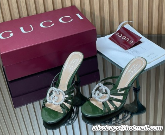 Top Grade Gucci Patent Leather Heel Slides Sandal 8.5cm with Strass Interlocking G 852663 Green 2026