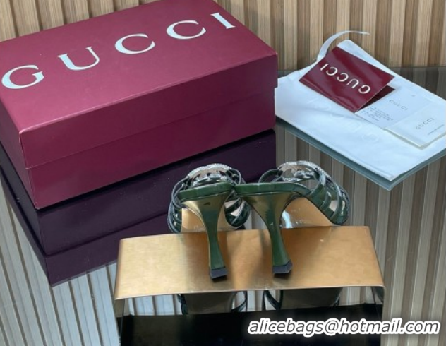 Top Grade Gucci Patent Leather Heel Slides Sandal 8.5cm with Strass Interlocking G 852663 Green 2026