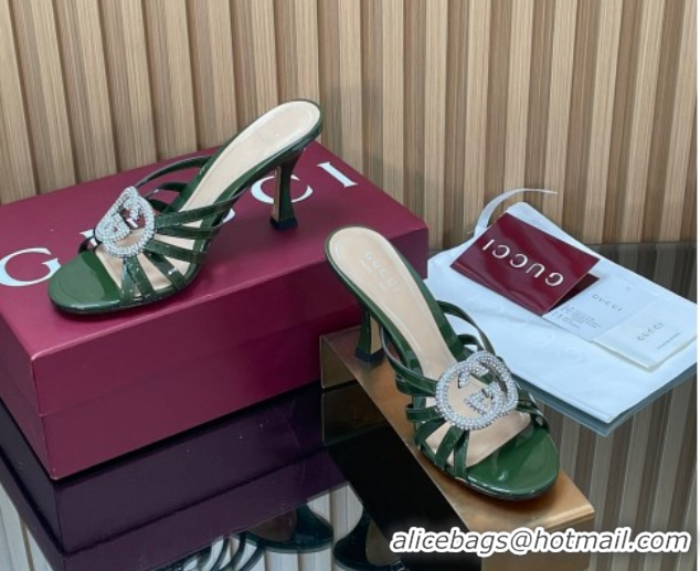 Top Grade Gucci Patent Leather Heel Slides Sandal 8.5cm with Strass Interlocking G 852663 Green 2026