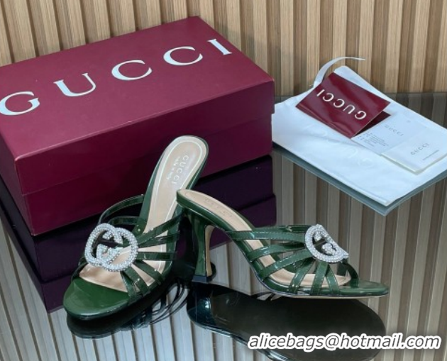 Top Grade Gucci Patent Leather Heel Slides Sandal 8.5cm with Strass Interlocking G 852663 Green 2026