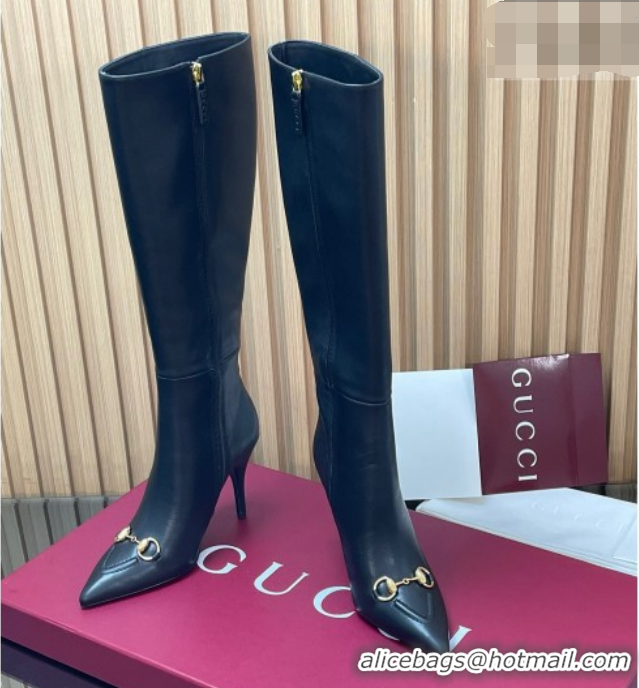Durable Gucci Leather Heel High Boots 10cm with Horsebit 835738 Black 2026