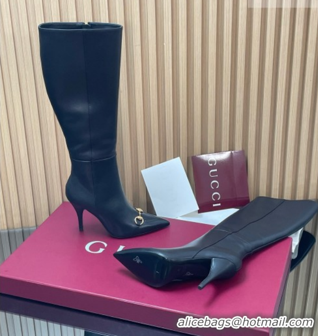 Durable Gucci Leather Heel High Boots 10cm with Horsebit 835738 Black 2026