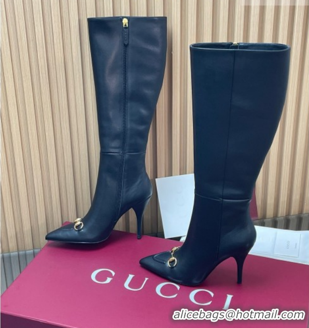 Durable Gucci Leather Heel High Boots 10cm with Horsebit 835738 Black 2026