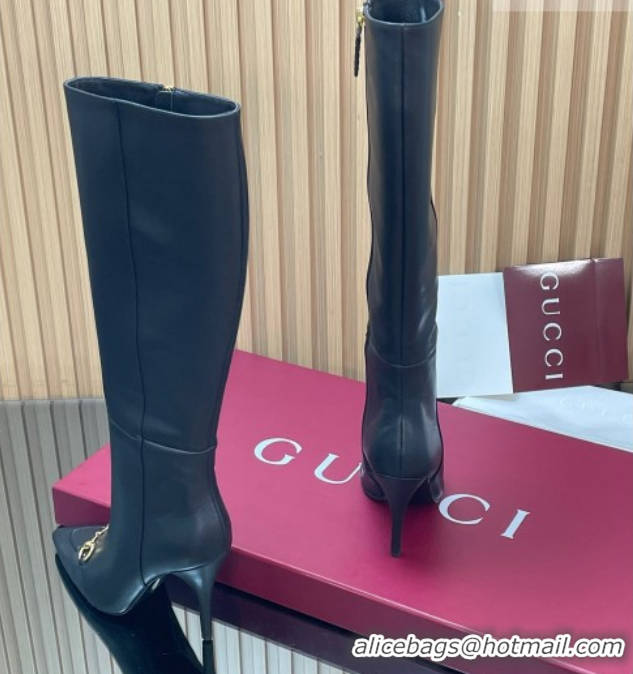 Durable Gucci Leather Heel High Boots 10cm with Horsebit 835738 Black 2026