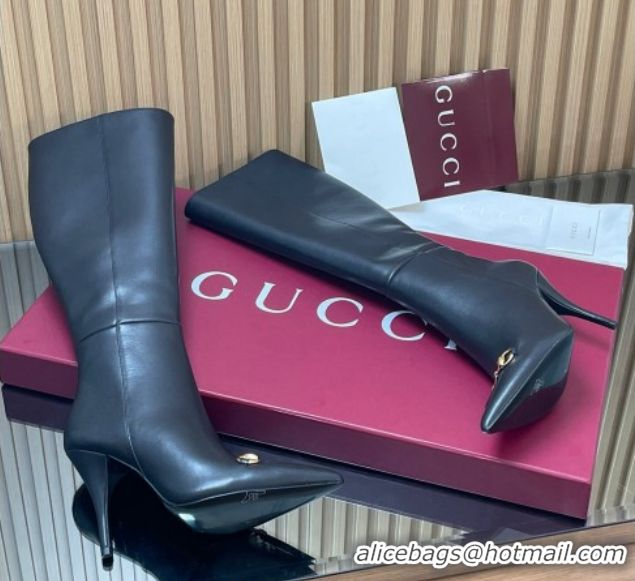 Durable Gucci Leather Heel High Boots 10cm with Horsebit 835738 Black 2026