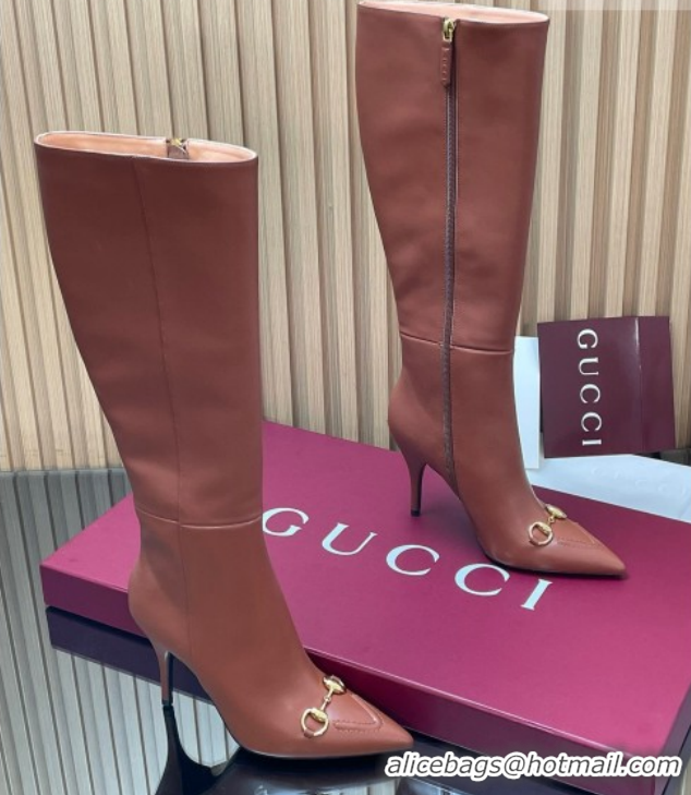 Unique Style Gucci Leather Heel High Boots 10cm with Horsebit 835738 Brown 2026