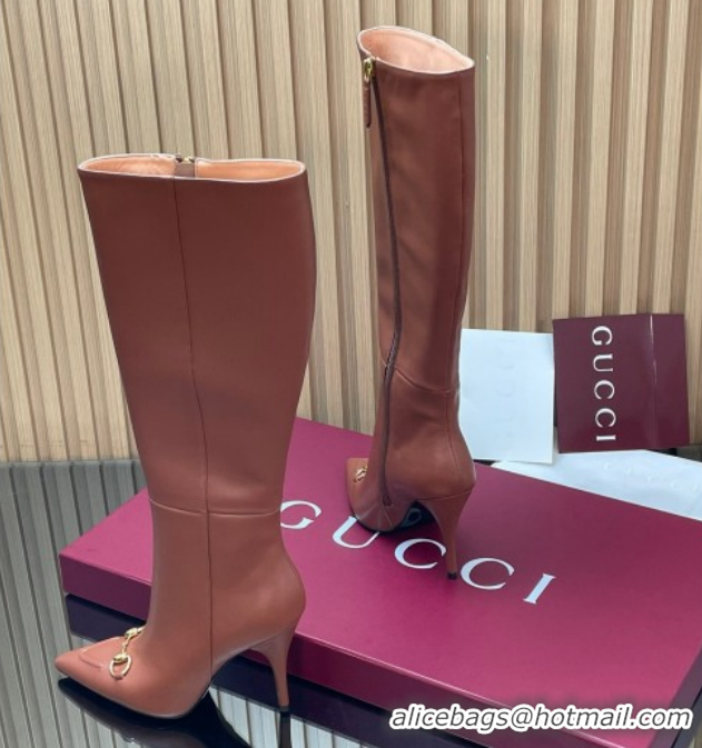 Unique Style Gucci Leather Heel High Boots 10cm with Horsebit 835738 Brown 2026