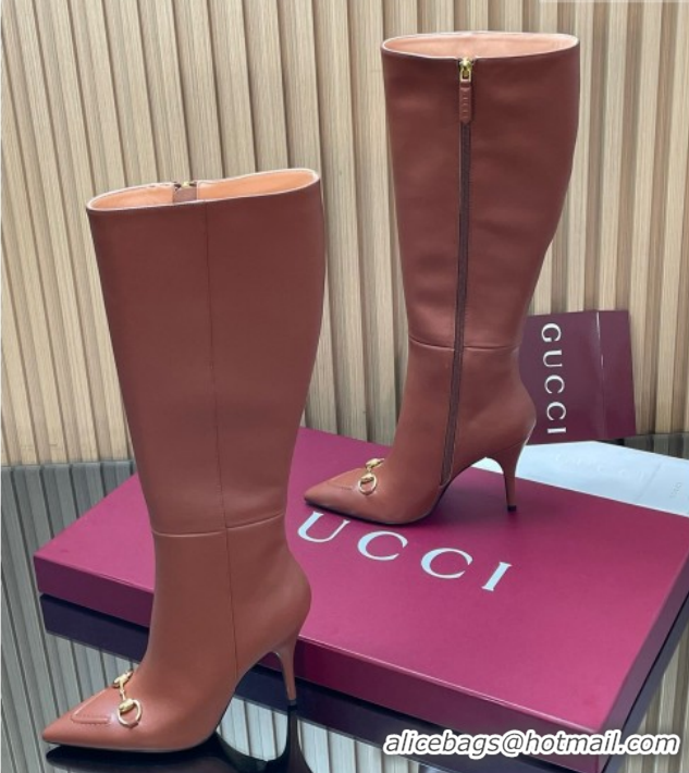 Unique Style Gucci Leather Heel High Boots 10cm with Horsebit 835738 Brown 2026