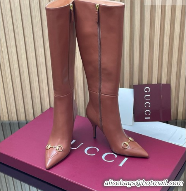 Unique Style Gucci Leather Heel High Boots 10cm with Horsebit 835738 Brown 2026