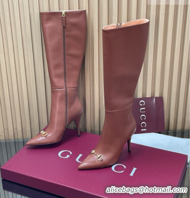 Unique Style Gucci Leather Heel High Boots 10cm with Horsebit 835738 Brown 2026