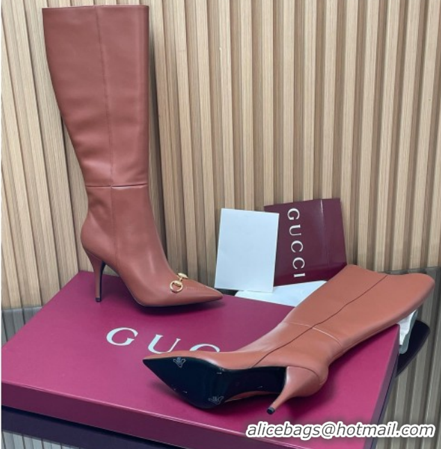 Unique Style Gucci Leather Heel High Boots 10cm with Horsebit 835738 Brown 2026