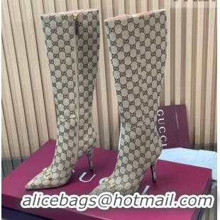 Low Cost Gucci GG Canvas Heel High Boots 10cm with Horsebit 835738 Beige 2026