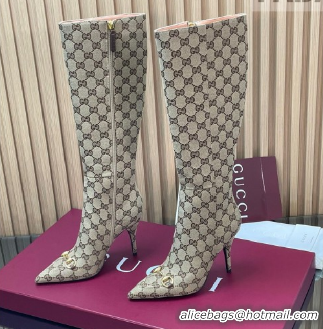 Low Cost Gucci GG Canvas Heel High Boots 10cm with Horsebit 835738 Beige 2026