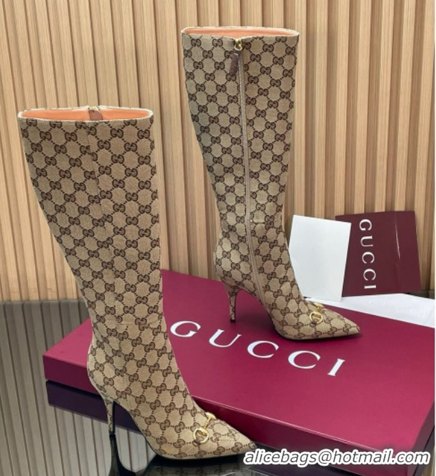 Low Cost Gucci GG Canvas Heel High Boots 10cm with Horsebit 835738 Beige 2026