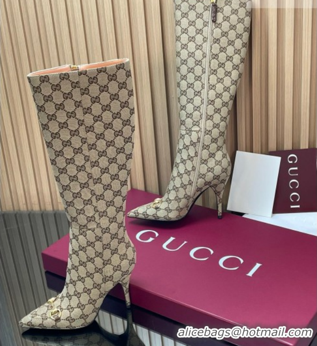 Low Cost Gucci GG Canvas Heel High Boots 10cm with Horsebit 835738 Beige 2026