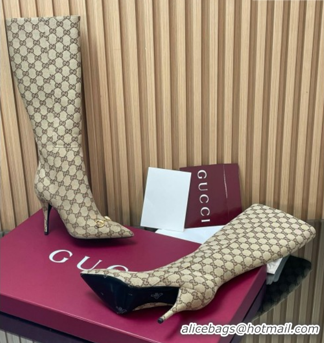 Low Cost Gucci GG Canvas Heel High Boots 10cm with Horsebit 835738 Beige 2026