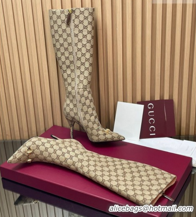 Low Cost Gucci GG Canvas Heel High Boots 10cm with Horsebit 835738 Beige 2026