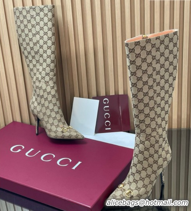 Low Cost Gucci GG Canvas Heel High Boots 10cm with Horsebit 835738 Beige 2026