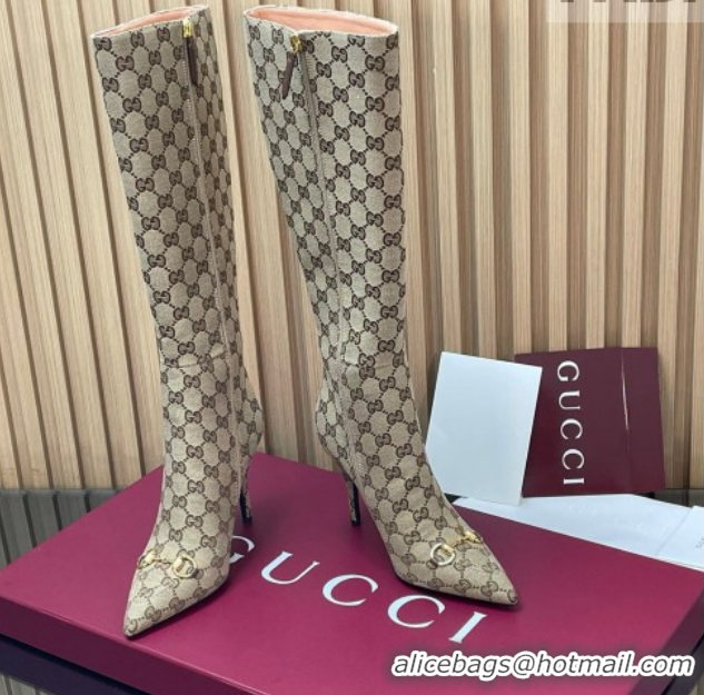 Low Cost Gucci GG Canvas Heel High Boots 10cm with Horsebit 835738 Beige 2026