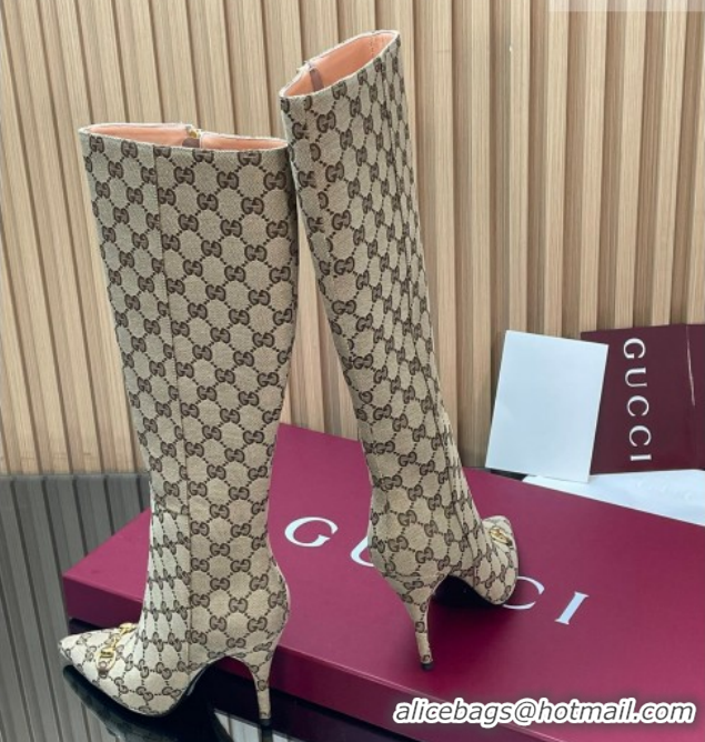 Low Cost Gucci GG Canvas Heel High Boots 10cm with Horsebit 835738 Beige 2026