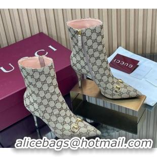 Cheap Price Gucci GG Canvas Heel Ankle Boots 10cm with Horsebit 835741 Beige 2026