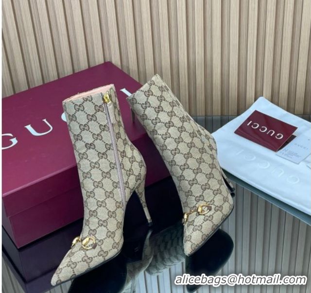 Cheap Price Gucci GG Canvas Heel Ankle Boots 10cm with Horsebit 835741 Beige 2026