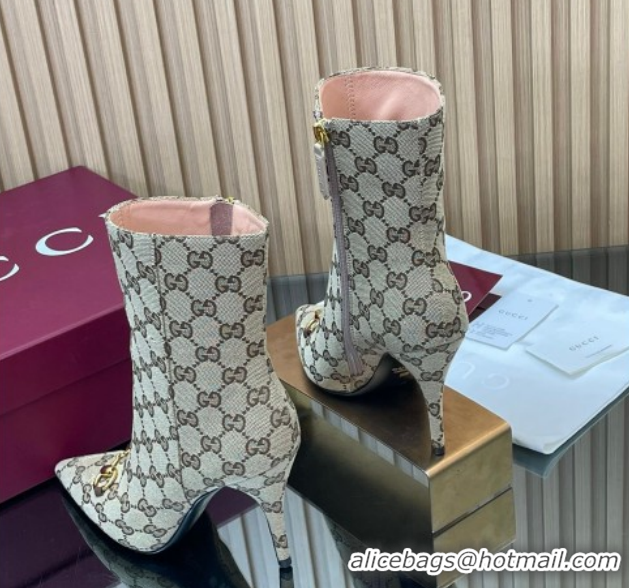 Cheap Price Gucci GG Canvas Heel Ankle Boots 10cm with Horsebit 835741 Beige 2026