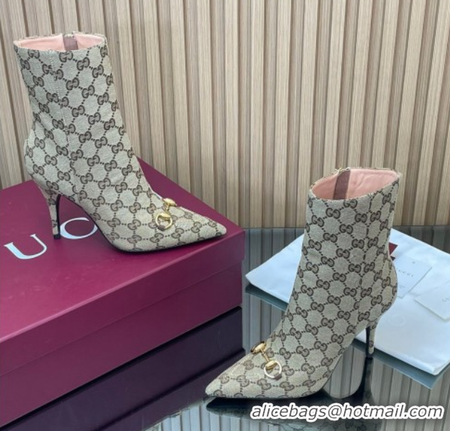 Cheap Price Gucci GG Canvas Heel Ankle Boots 10cm with Horsebit 835741 Beige 2026