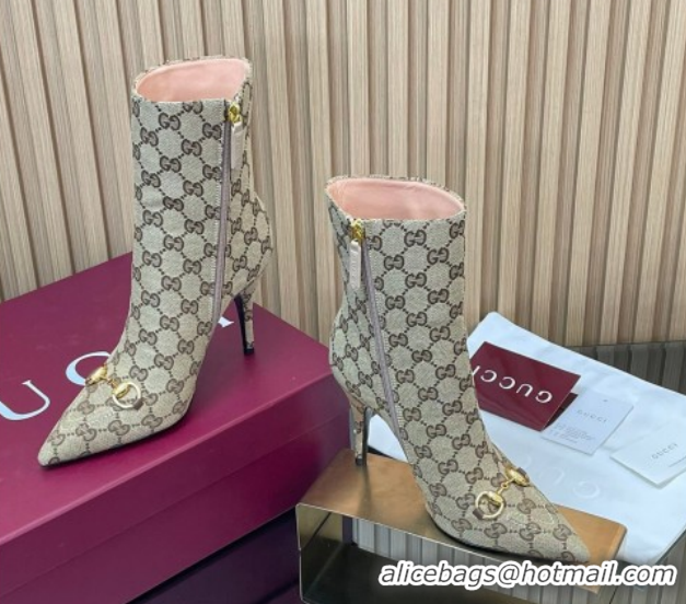 Cheap Price Gucci GG Canvas Heel Ankle Boots 10cm with Horsebit 835741 Beige 2026