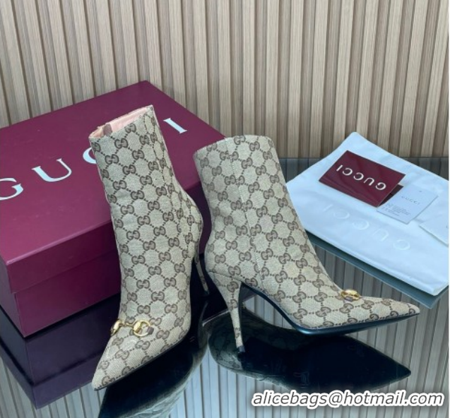 Cheap Price Gucci GG Canvas Heel Ankle Boots 10cm with Horsebit 835741 Beige 2026