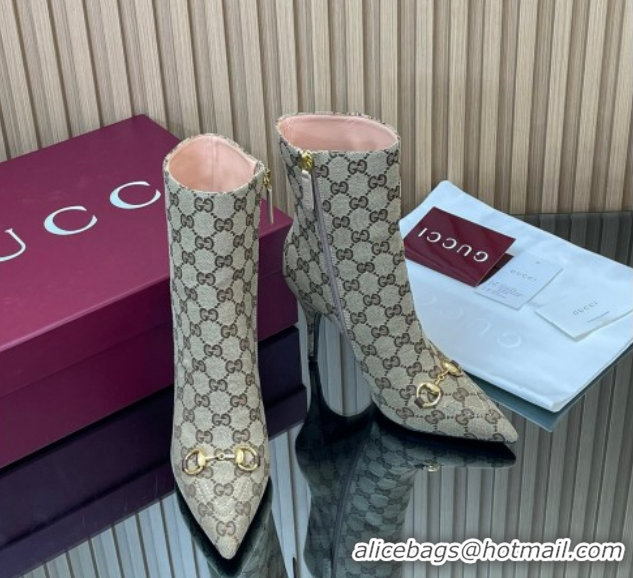 Cheap Price Gucci GG Canvas Heel Ankle Boots 10cm with Horsebit 835741 Beige 2026