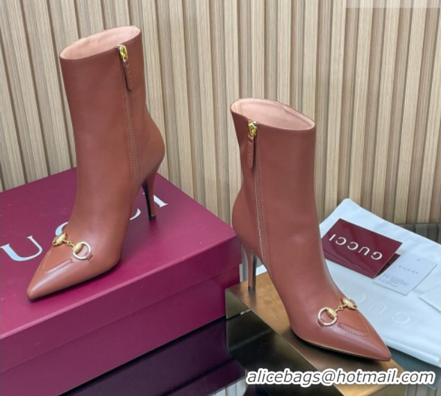 Stylish Gucci Leather Heel Ankle Boots 10cm with Horsebit 835741 Brown 2026