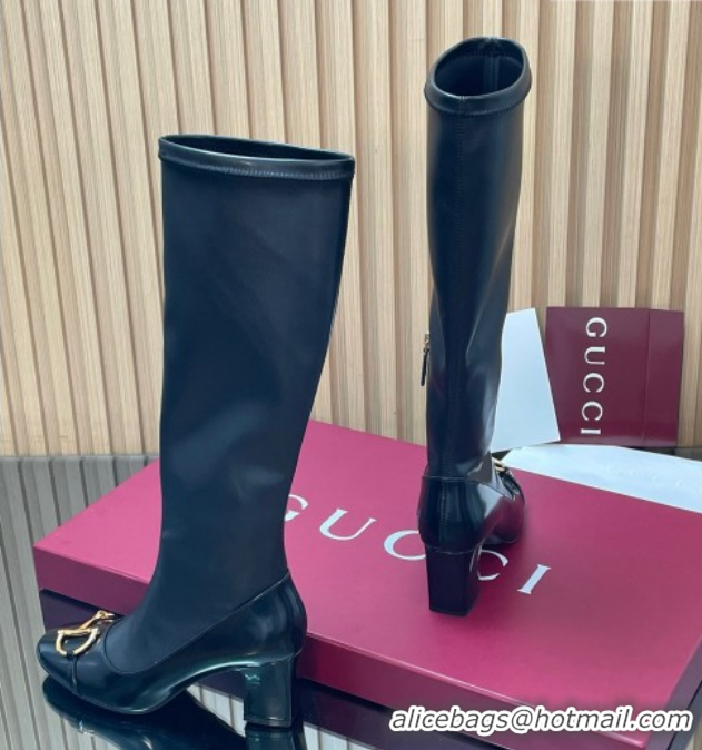Cheap Price Gucci Leather Heel High Boots 6.5cm with Half Horsebit 851420 Black 2026