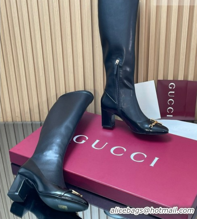 Cheap Price Gucci Leather Heel High Boots 6.5cm with Half Horsebit 851420 Black 2026
