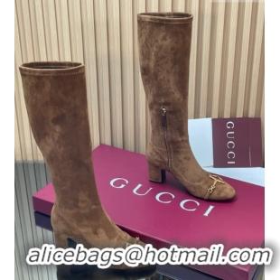 Grade Gucci Leather Heel High Boots 6.5cm with Half Horsebit 851420 Brown2 2026
