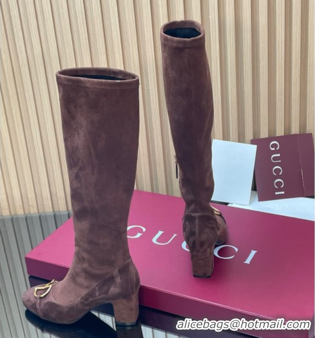 Good Product Gucci Leather Heel High Boots 6.5cm with Half Horsebit 851420 Dark Brown 2026